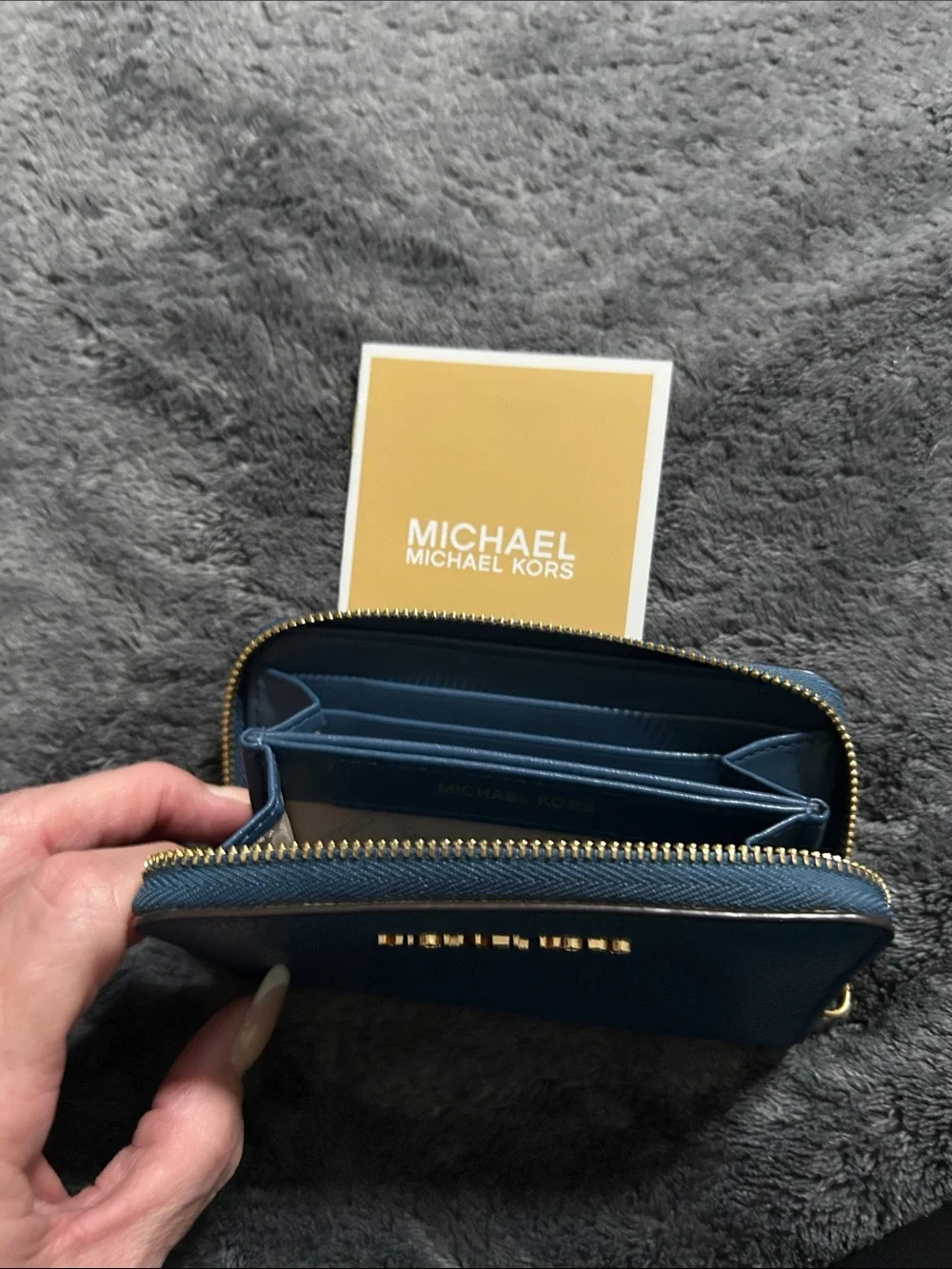 Michael Kors Teal Blue Zip Card Holder with Gold Hardware